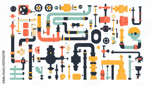 Details pipes different types collection of water tube industry gas valve construction and oil industrial pressure technology plumbing vector illustration.