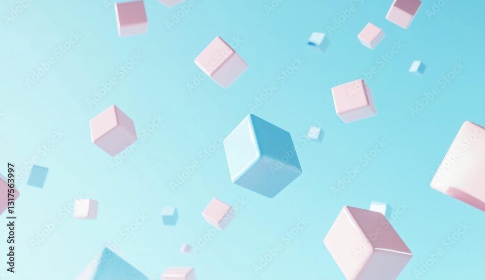 Pastel pink and blue cubes floating on a light blue background. Pastel pink and blue cubes floating on a light blue background.