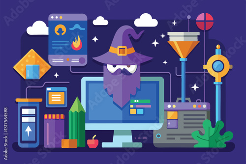 A playful setup wizard character interacts with various tech tools and systems in a vibrant workspace, Setup wizard Customizable Disproportionate Illustration