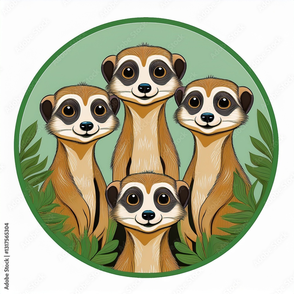 Fototapeta premium logo badge dessin animaux en groupe, suricates mignons en famille en ia