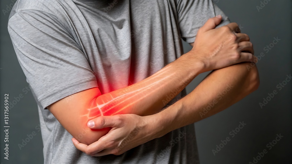 Man experiencing elbow pain a visual guide to joint discomfort and injury showing arm anatomy Man experiencing elbow pain a visual guide to joint discomfort and injury showing arm anatomy