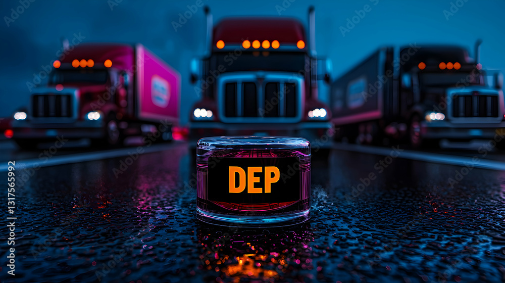 Three Freight Trucks Lined Up With Glowing Lights In The Night