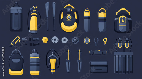 Set of flat elements for spearfishing diving underwater protective sea diver equipment vector professional hunter tools. photo