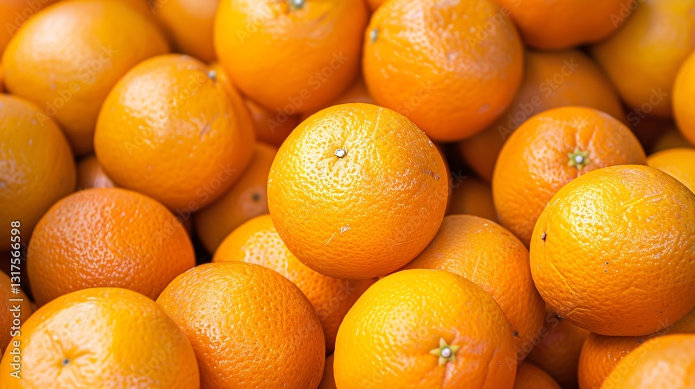 A pile of fresh oranges with green leaves adorning their surfaces A pile of fresh oranges with green leaves adorning their surfaces