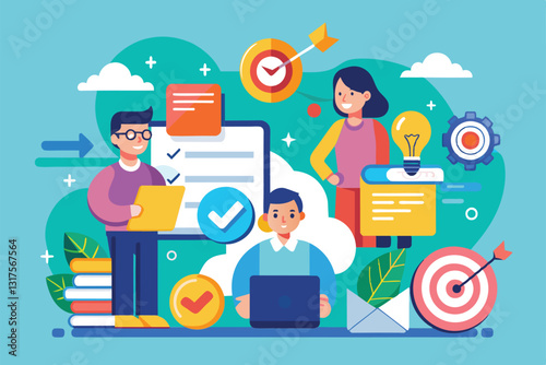 A group of individuals focuses on shared objectives while utilizing technology and engaging in teamwork, Shared goals Customizable Semi Flat Illustration