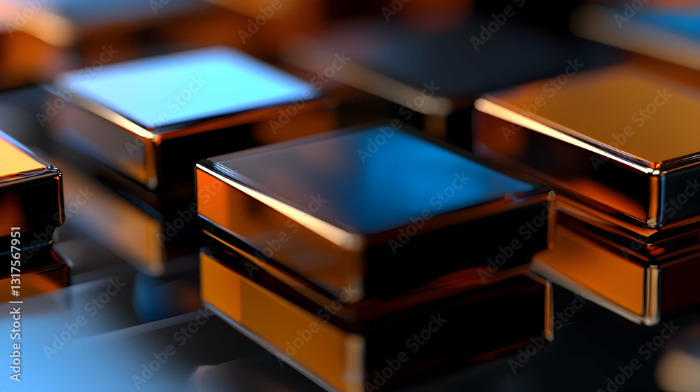 Shiny golden and blue square shaped structures reflecting light around them Shiny golden and blue square shaped structures reflecting light around them