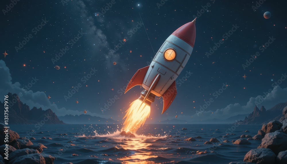 Fototapeta premium Retro Rocket Launching into Starry Night Sky Over Calm Ocean