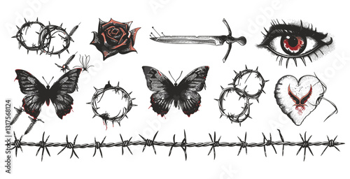 Retro photocopy effect, Y2K goth core, barbed wire frames, heart, butterfly, rose, human eye, knife stickers, 2000s style, trendy vector, grunge design, modern aesthetic, illustration.
