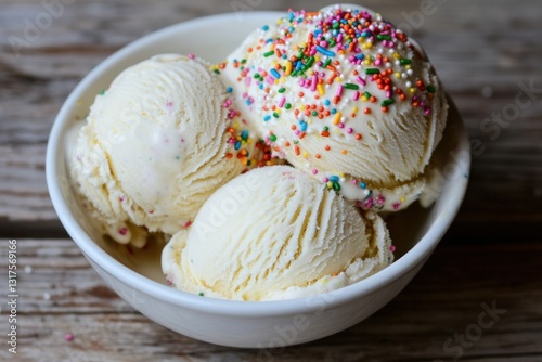 Ice cream scoops, vibrant sprinkles in a bowl on a wooden surface