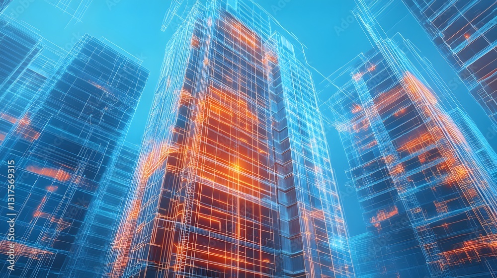 Obraz premium a futuristic perspective of tall buildings, showcasing a digital blueprint style, with a striking blue and orange color scheme.