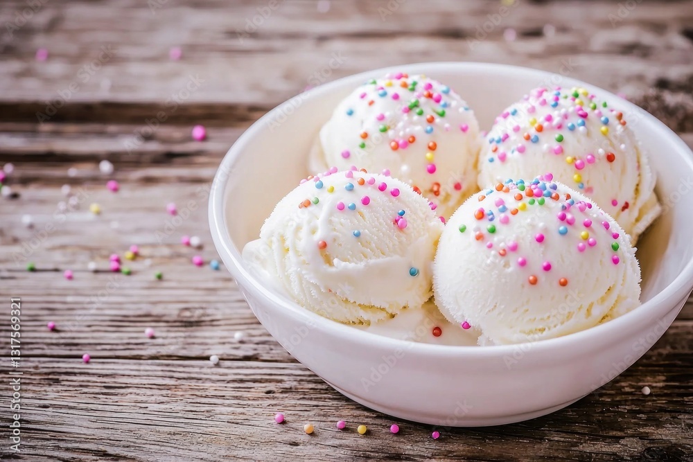 Fototapeta premium Sprinkled ice cream scoops in a white bowl on weathered wood surface