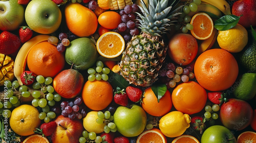 A vibrant mix of colorful fruits, including apples, oranges, strawberries, grapes and pineapples A vibrant mix of colorful fruits, including apples, oranges, strawberries, grapes and pineapples