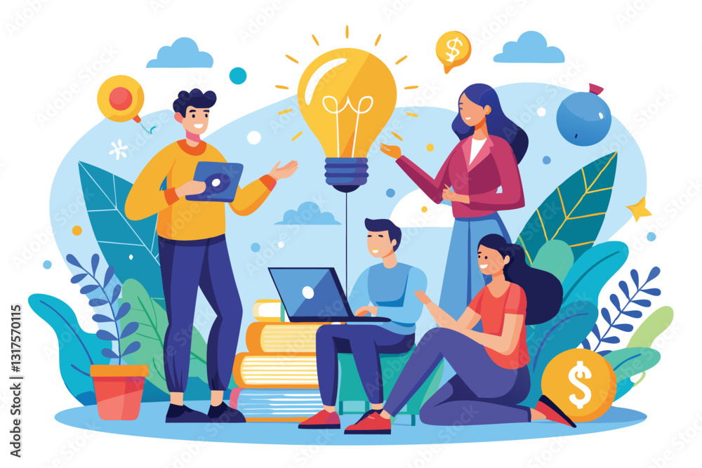 A group of four individuals engaged in sharing ideas in a vibrant workspace with plants and a light bulb, Sharing ideas Customizable Semi Flat Illustration A group of four individuals engaged in sharing ideas in a vibrant workspace with plants and a light bulb, Sharing ideas Customizable Semi Flat Illustration