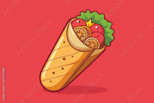 A customizable shawarma wrap filled with fresh vegetables and flavorful toppings on a colorful backdrop, Shawarma Customizable Flat Illustration