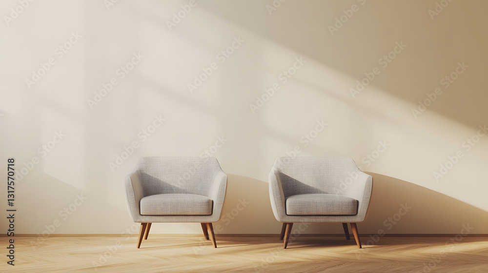 Modern interior with two armchairs and soft sunlight shadows on the wall
Modern interior with two armchairs and soft sunlight shadows on the wall