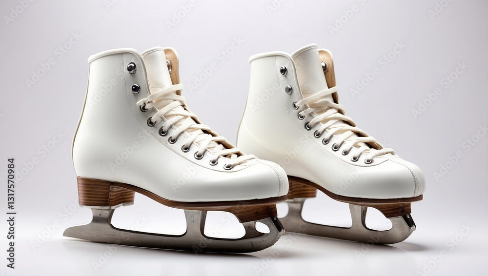A Beautiful Pair of White Ice Skates Isolated on a Soft Background A Beautiful Pair of White Ice Skates Isolated on a Soft Background