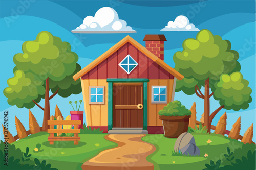 A colorful shed stands among vibrant trees and flowers with a sunny sky enhancing the cheerful atmosphere, Shed Customizable Cartoon Illustration