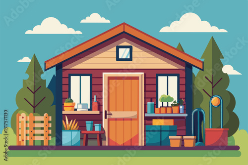 A flat-style shed is adorned with gardening tools and potted plants surrounded by greenery and trees, Shed Customizable Flat Illustration