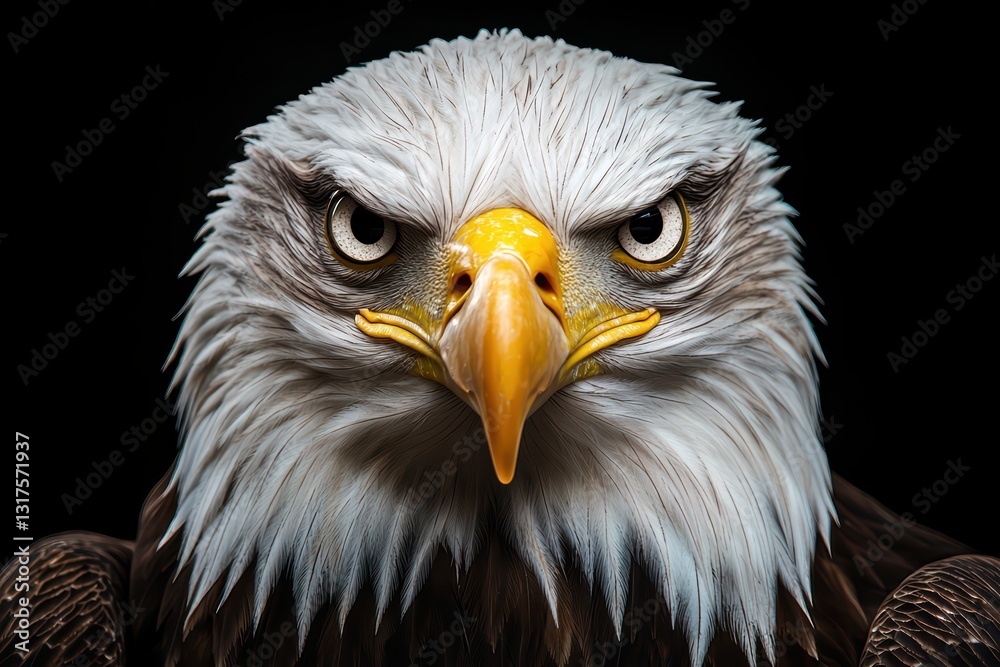 Fototapeta premium Majestic Eagle in Focus with Intense Gaze and Striking Feather Detail Against Dark Background