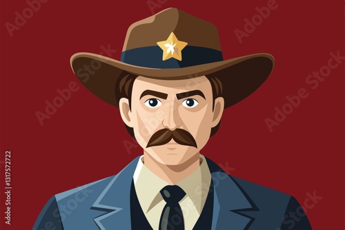 A sheriff character with a cowboy hat and badge stands confidently against a bold backdrop, Sheriff Customizable Semi Flat Illustration