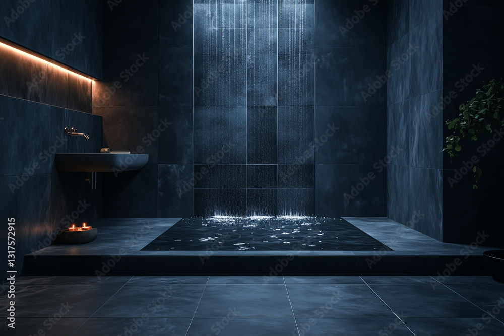 Minimalist Dark Bathroom with Rain Shower and Elegant Design