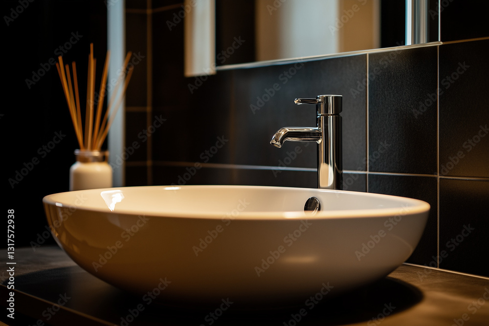 Modern Dark Bathroom Sink with Elegant Faucet and Warm Lighting