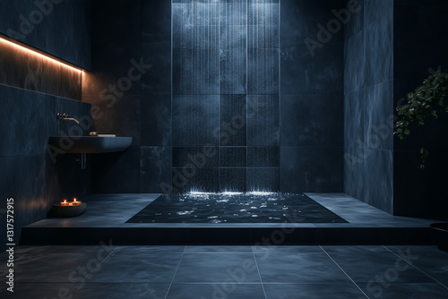 Minimalist Dark Bathroom with Rain Shower and Elegant Design