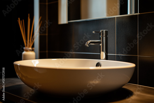Obraz na płótnie Modern Dark Bathroom Sink with Elegant Faucet and Warm Lighting w salonie