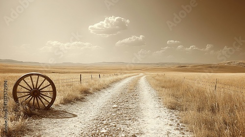 Rustic wagon wheel beside a dirt road in a sepia-toned prairie landscape.