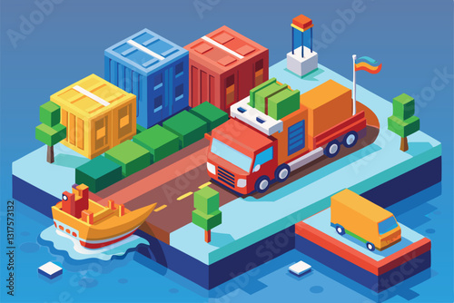A vibrant illustration depicts a truck delivering goods near a ship in a colorful port setting, Ship and truck, Cartoon isometric vector illustrations