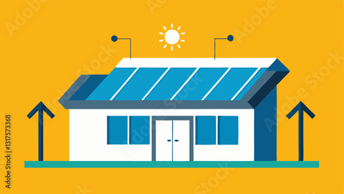 Solar Panel Integration An illustration of a modern building roof equipped with solar panels with arrows indicating sunlight being converted into energy.