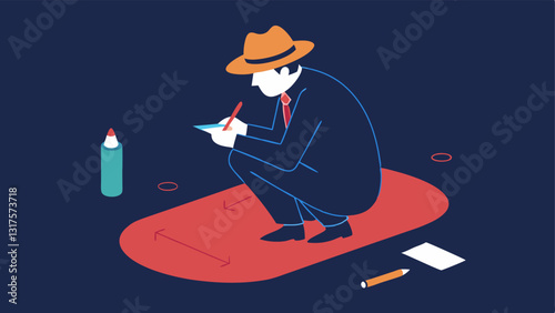 Sketching the Crime Scene A detective at the scene kneeling with a notepad and pencil sketching the layout of the area and noting important details for the report.