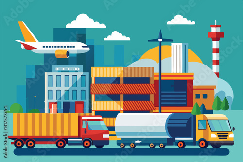 Various transport vehicles, including a ship, truck, and plane, are situated near a warehouse amidst city structures, Ship, truck and plane, train near warehouse,
