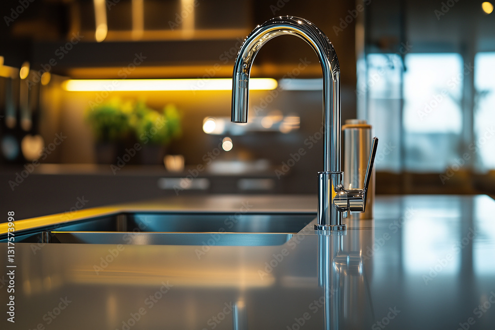 Stylish Kitchen Sink with Elegant Faucet and Warm Glow