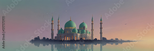 Islamic Banner Design with Magnificent Mosque Background at Sunset and Surrounded by City. Background Design for Eid al-Fitr, Eid al-Adha and Islamic New Year. Ratio 2:1
