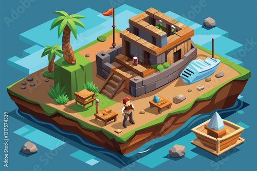 A survivor navigates a deserted island landscape, examining shipwreck debris and resources, Shipwreck survivor Customizable Isometric Illustration