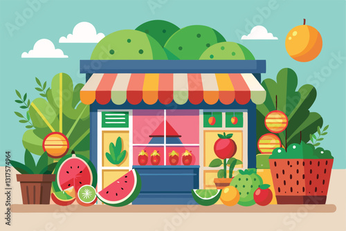 A charming fruit shop displays a variety of fresh watermelon and strawberries under a colorful awning, Shop and store with watermelon and strawberries and peaches, lemons,