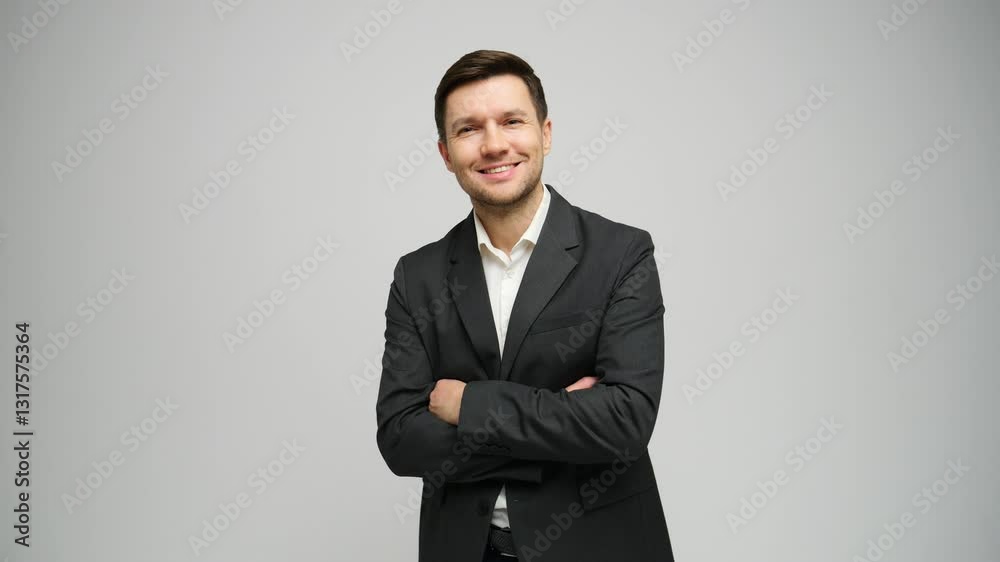 Confident businessman standing with arms crossed against a light gray background in a professional setting Confident businessman standing with arms crossed against a light gray background in a professional setting