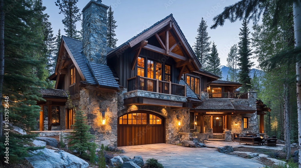 Luxury Mountain Lodge Residence in a Picturesque Forest Setting at Dusk