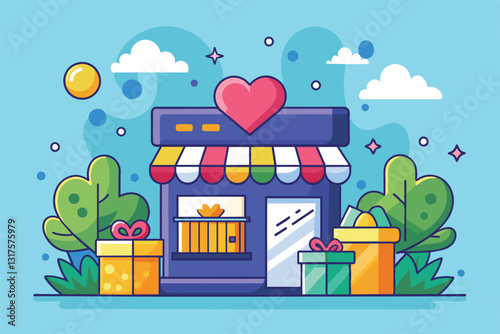 A cheerful shop giveaway showcases customizable gifts in a vibrant setting with trees and clouds, Shop giveaway Customizable Flat Illustration