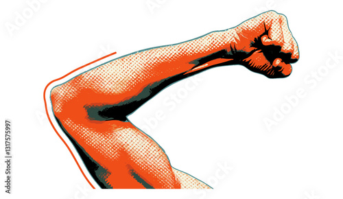 Halftone collage, grunge punk, flexed biceps emoji gesture, hand showing muscle, retro vector, dotted modern illustration, magazine cut out, doodles art, trendy punk graphics