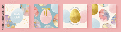 Happy Easter greeting cards set with beautiful decorated eggs. Watercolor and golden eggs. Collection of elegant design templates in minimalist style. Trendy vector easter illustration