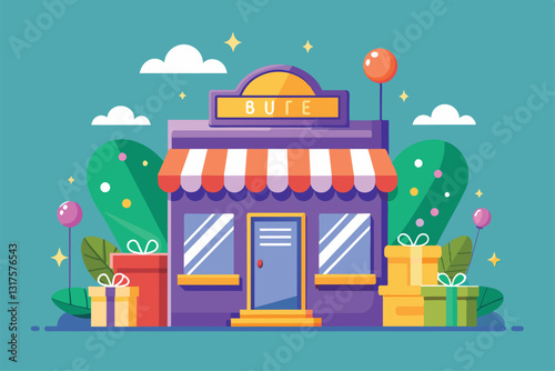A retail shop hosts a giveaway event featuring festive decorations and numerous gift boxes displayed outside, Shop giveaway, marketing strategy