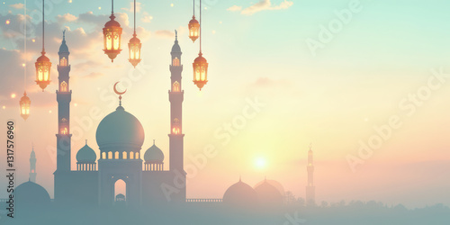 Islamic Banner Design with Silhouette of Mosque at Sunrise with Hanging Lanterns and Scenic Background. Backdrop Design for Eid al-Fitr, Eid al-Adha and Islamic New Year. 2:1 Ratio