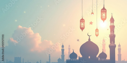 Islamic Banner Design with Silhouette of Mosque at Sunrise with Hanging Lanterns and Scenic Background. Backdrop Design for Eid al-Fitr, Eid al-Adha and Islamic New Year. 2:1 Ratio