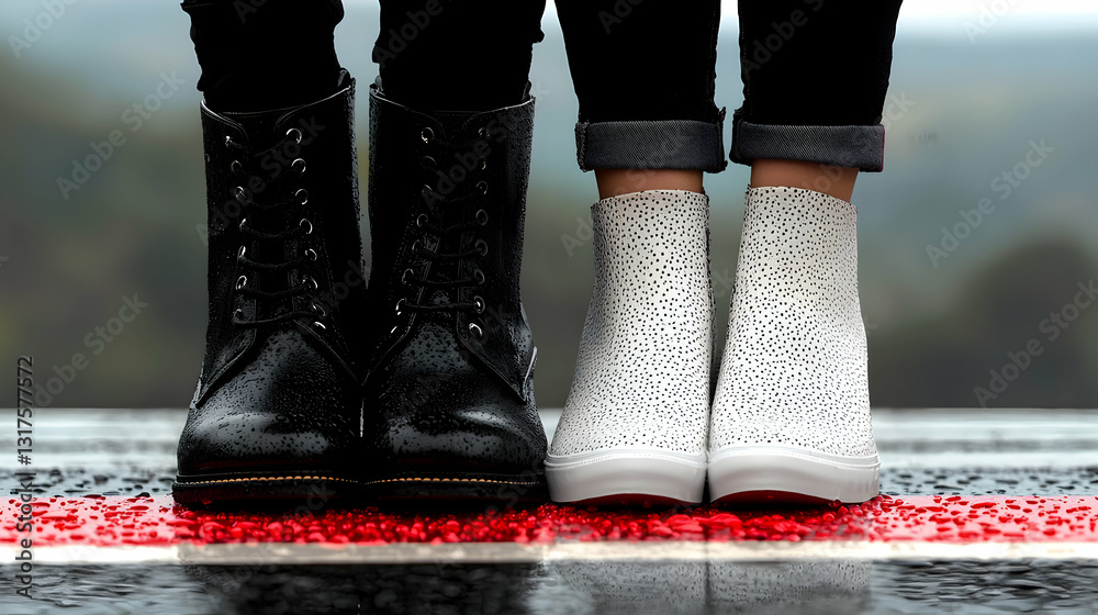 Two pairs of different boots standing on a wet surface