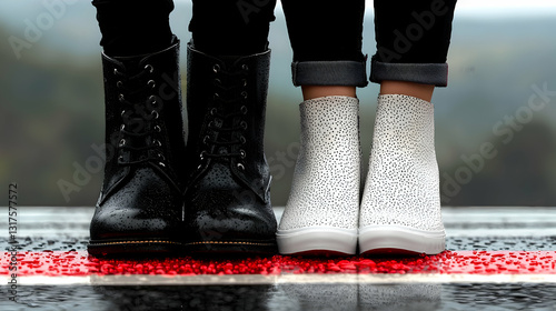 Obraz na płótnie Two pairs of different boots standing on a wet surface w salonie