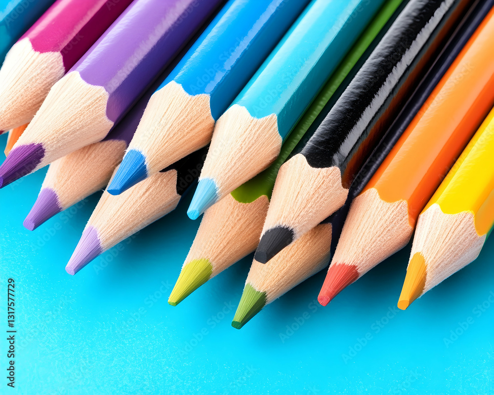 Colorful pencils arranged closely on a blue background Colorful pencils arranged closely on a blue background