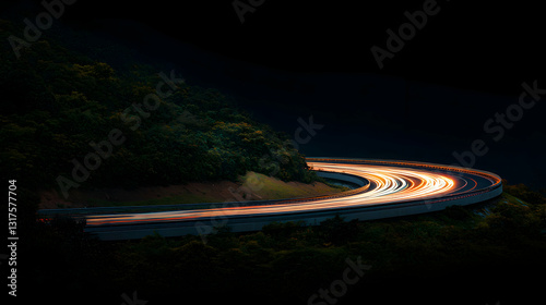 A winding road with streaks of light through the dark night