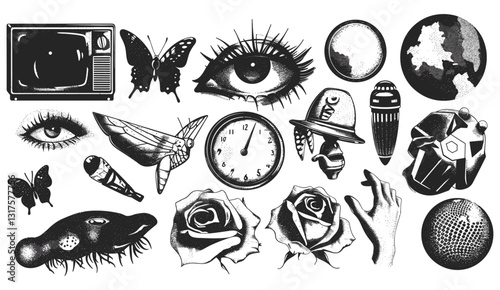 Y2k collage design, trendy halftone stipple effect, grunge punk grain, vintage watch, disco ball, old TV, rose, butterfly, eyes, mouths, hands, texture, modern vector illustration